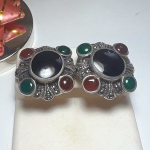 Estate Onyx, Carnelian, Jadeite & Marcasite Sterling Silver post Earrings #16866